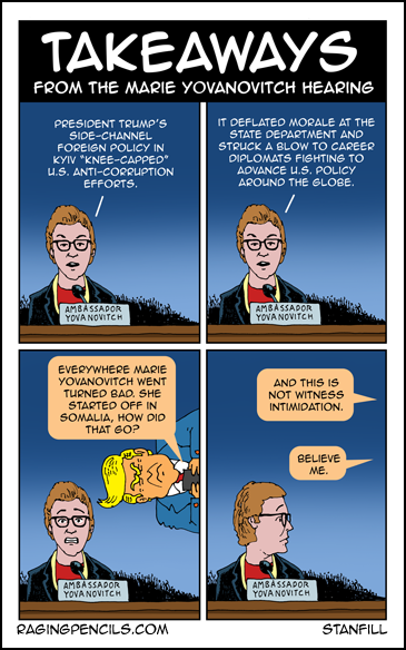 Progressive comic about the Mari e Yovanovitch testimony hearing