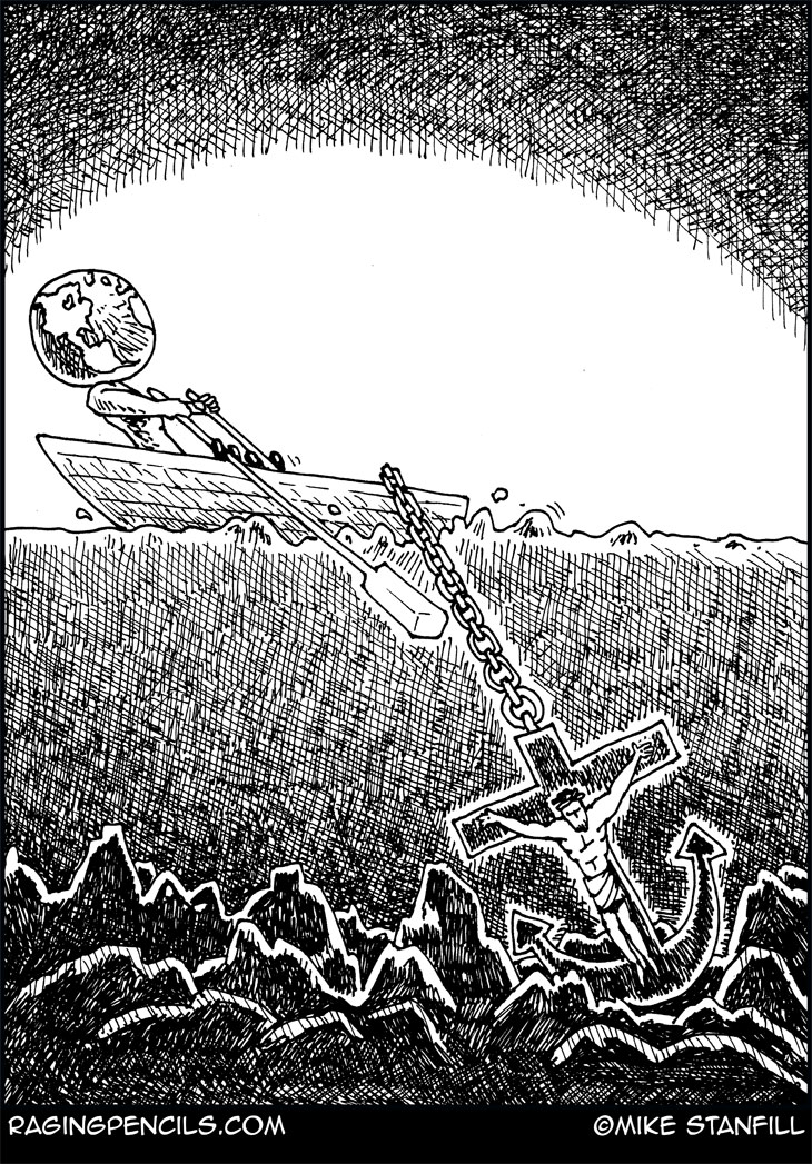 The progressive editorial cartoon about how religion halts progress.